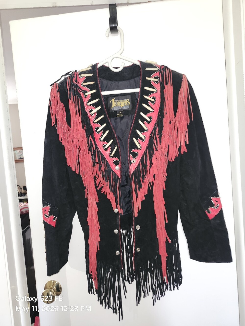 Black Suede Fringe Jacket with Red Trim by Legends Leathers